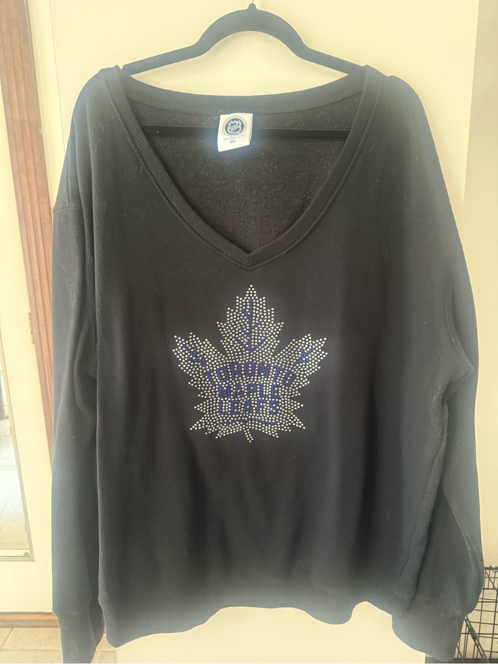 NHL Black V-Neck Rhinestone Maple Leaf Sweatshirt
